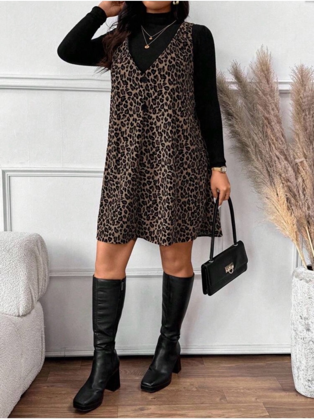 Frenchy Leopard Print Pinafore Dress & Undertop